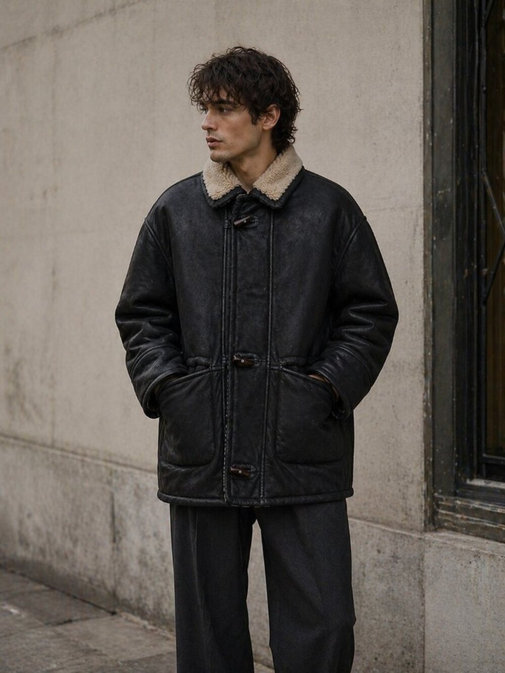 Vintage Suede Shearling Jacket Unisex L Black Sheepskin Coat MADISKIN - Picture 6 of 13
